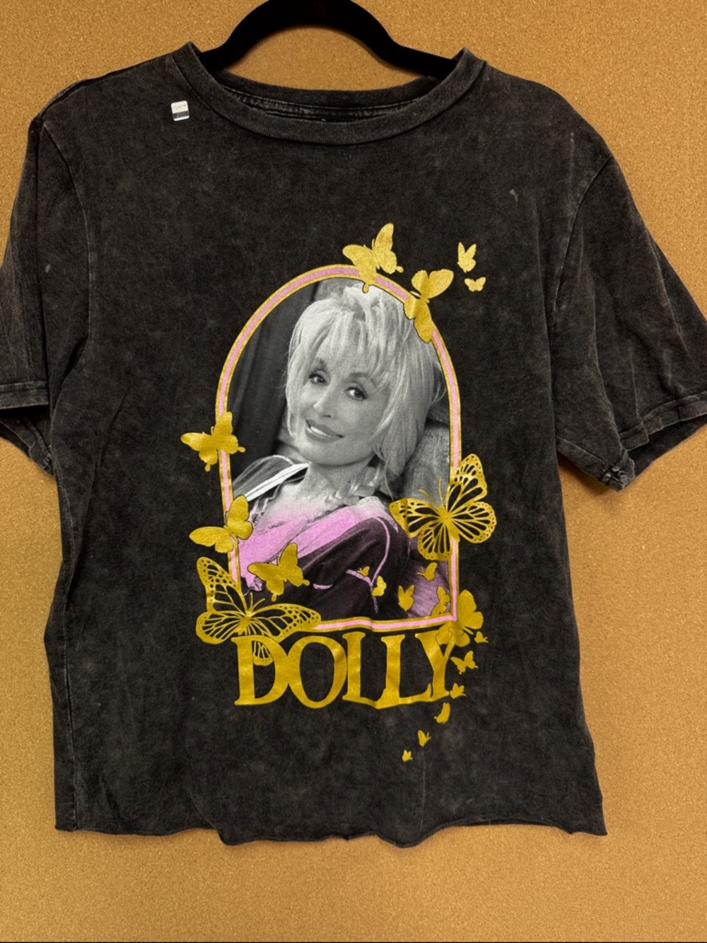 Dolly Parton Short Sleeve Tee with Gold & Pink Butterfly Design
